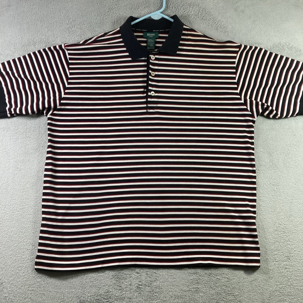 Hugo Boss Polo Shirt Men XL Striped Golf Preppy Embroidered Sleeve Logo Casual